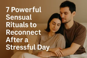 A loving couple relaxing together on a couch, embodying emotional closeness and calm, representing sensual rituals reconnect after stressful day