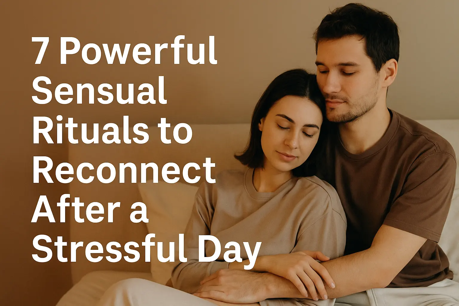 A loving couple relaxing together on a couch, embodying emotional closeness and calm, representing sensual rituals reconnect after stressful day