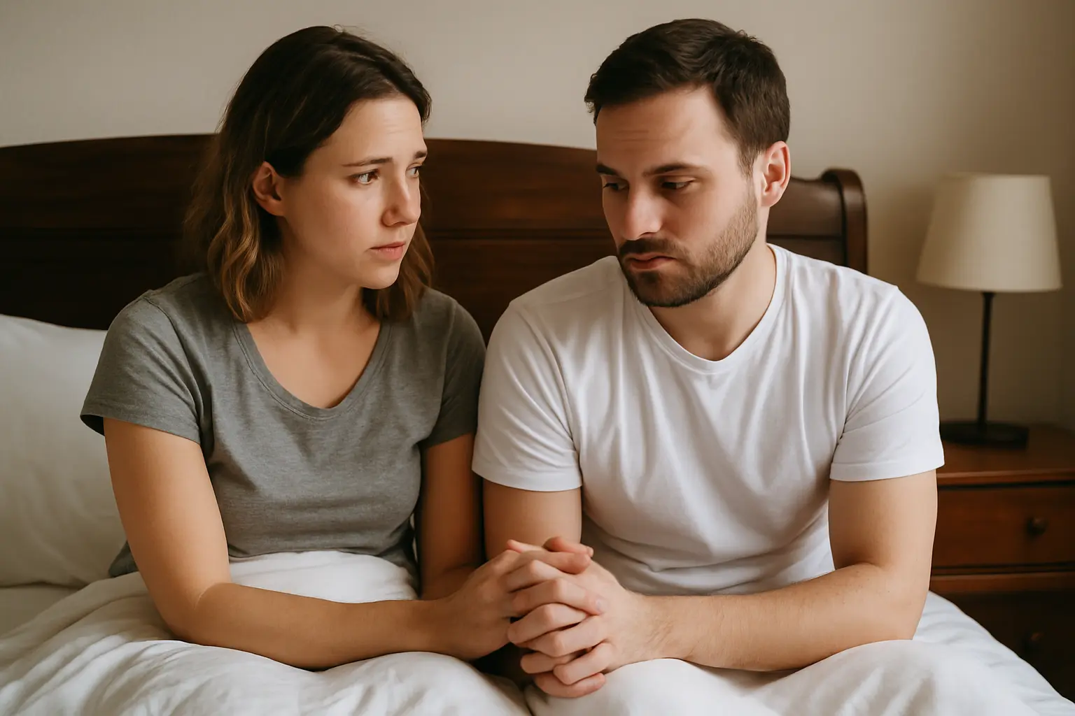 A couple holding hands in bed, emotionally supporting each other while discussing why do men lose erection during intercourse.