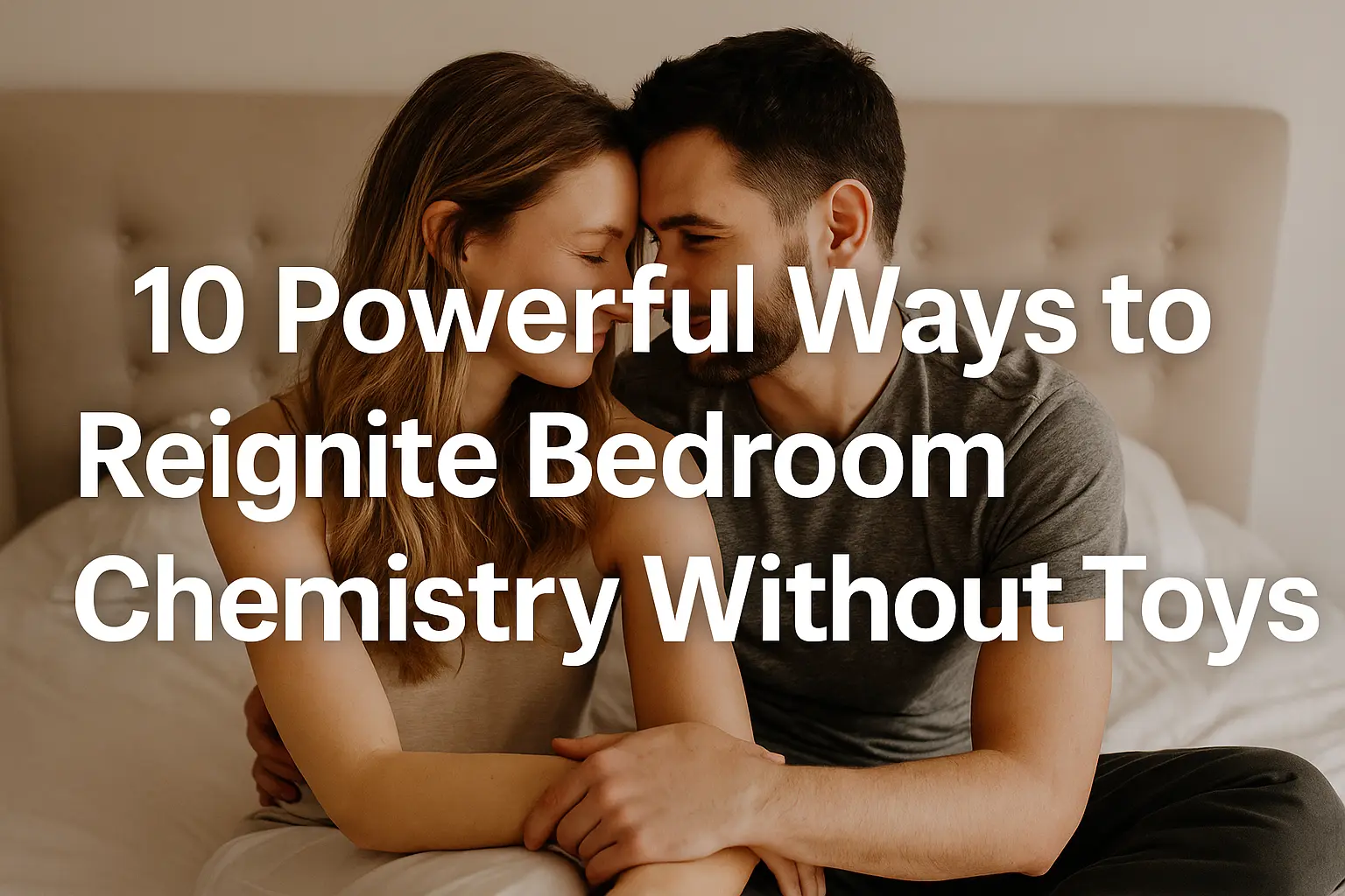 A loving couple sharing an intimate moment on their bed, symbolizing how to reignite bedroom chemistry without toys
