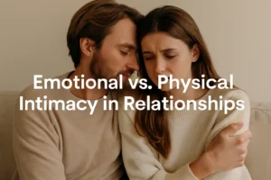 A couple sitting close on a couch showing emotional struggle and vulnerability, representing the balance between emotional vs physical intimacy relationships.