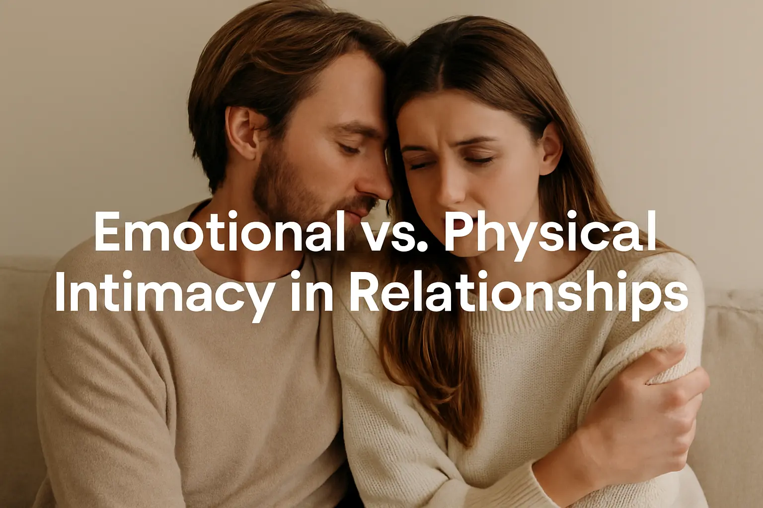 A couple sitting close on a couch showing emotional struggle and vulnerability, representing the balance between emotional vs physical intimacy relationships.