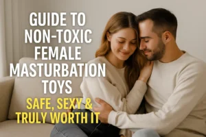 A loving couple cuddling on a couch, representing emotional intimacy and body-safe choices, with the title “Guide to Non-Toxic Female Masturbation Toys” overlaid.