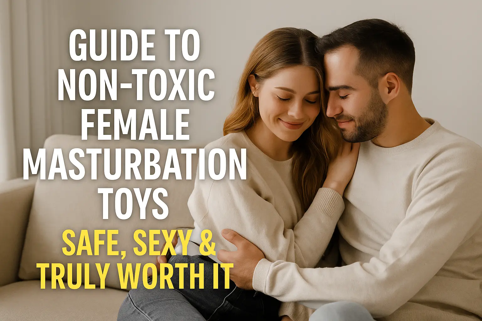 A loving couple cuddling on a couch, representing emotional intimacy and body-safe choices, with the title “Guide to Non-Toxic Female Masturbation Toys” overlaid.