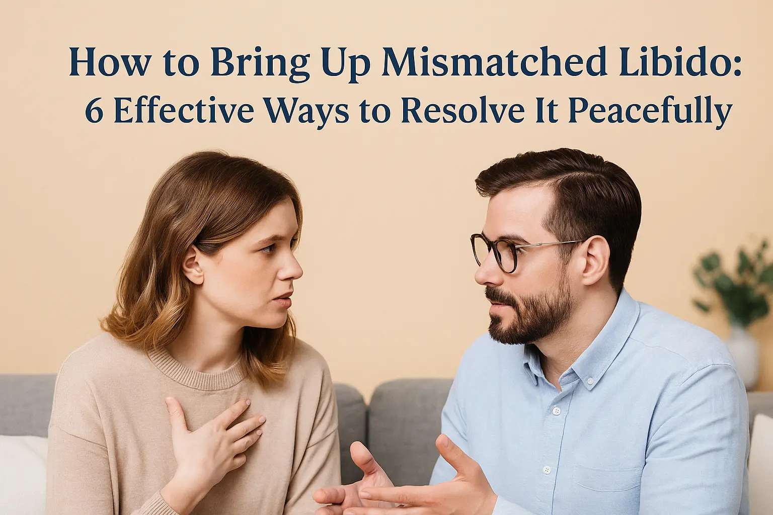 Couple calmly discussing how to bring up mismatched libido, showing healthy communication and intimacy-building in relationships.