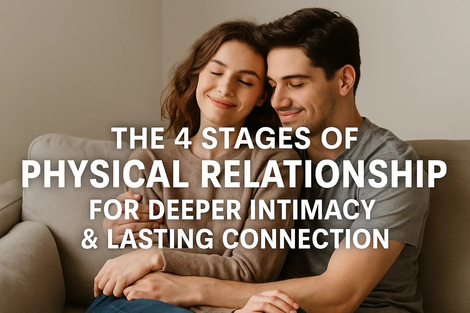 A loving couple cuddling on a couch, representing emotional connection through the 4 stages of physical relationship with overlaid text on image.