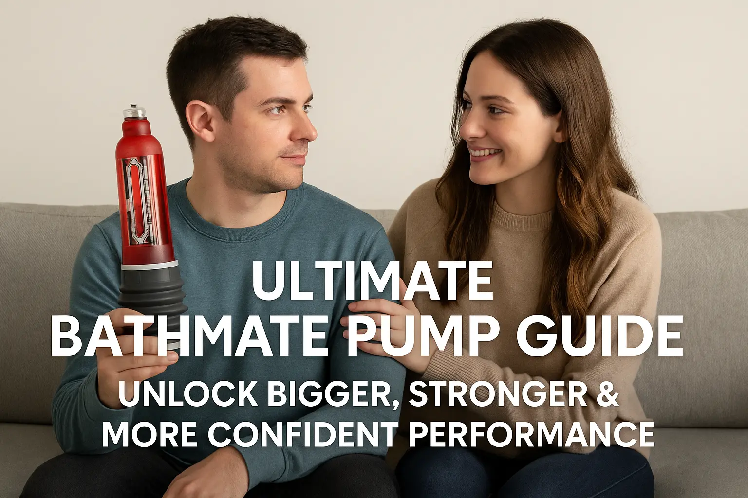 Man holding a Bathmate Hydromax pump while sitting beside a smiling woman, representing confidence and support in using Bathmate products for better performance