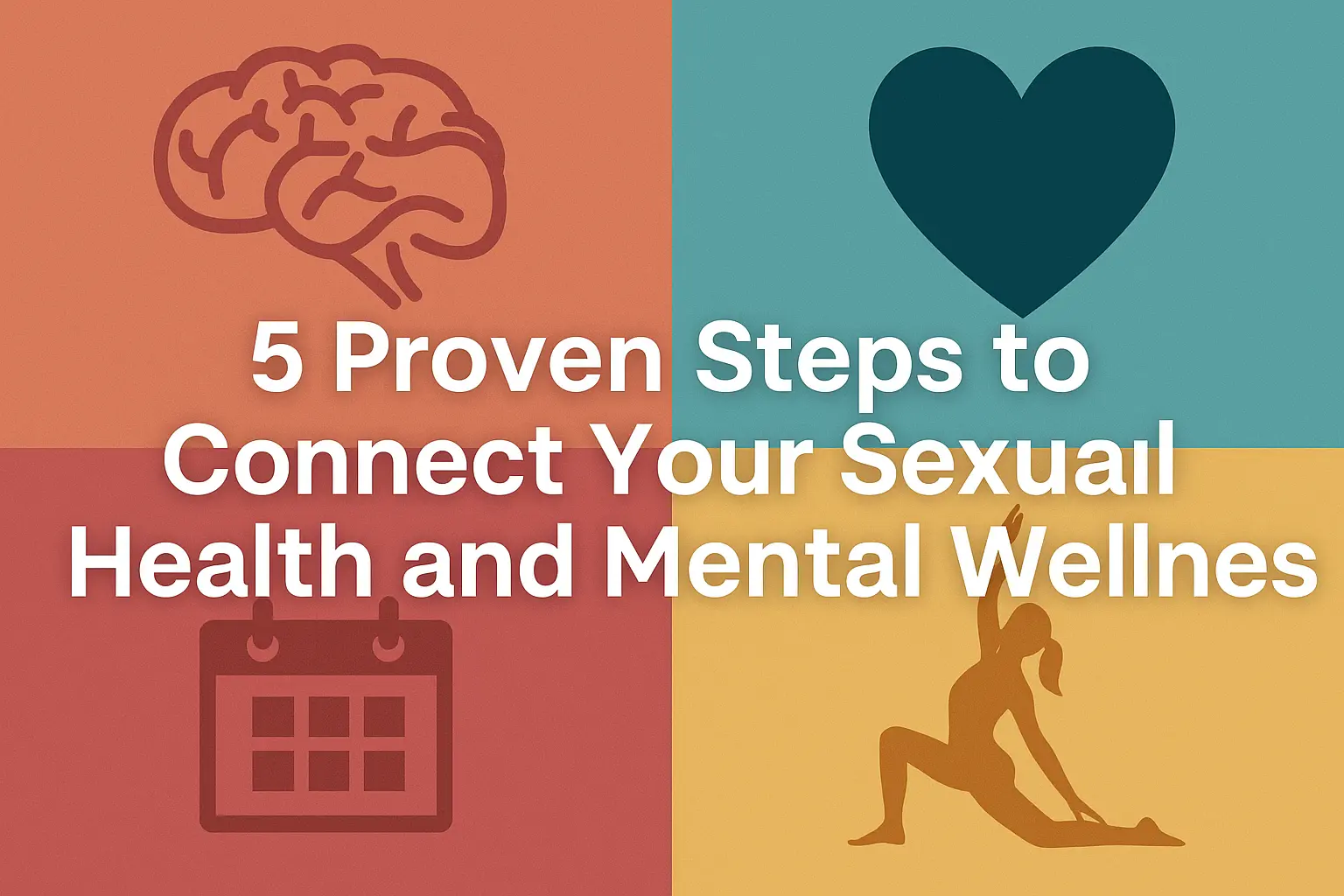 Flat-style graphic illustrating the connection between sexual health and mental wellness, featuring icons of a brain, heart, calendar, and yoga pose with the title text overlayed.