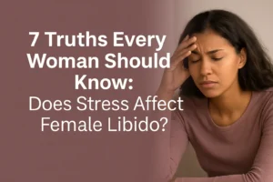 Stressed woman with hand on forehead, highlighting the question: does stress affect female libido