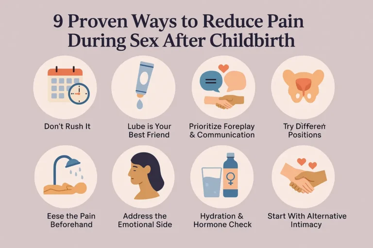 Infographic illustrating 9 proven ways to reduce pain during sex after childbirth, including tips like using lube, pelvic floor therapy, communication, and emotional healing for postpartum intimacy.