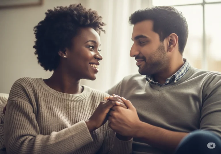 A diverse couple, smiling and holding hands, sharing a warm, intimate moment at home, illustrating how to improve intimacy in a relationship through connection.