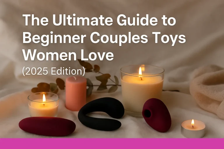 A romantic flat-lay of beginner couples toys women love in 2025, with candles, soft fabric, and silicone vibrators arranged on a cozy surface to evoke intimacy and comfort.
