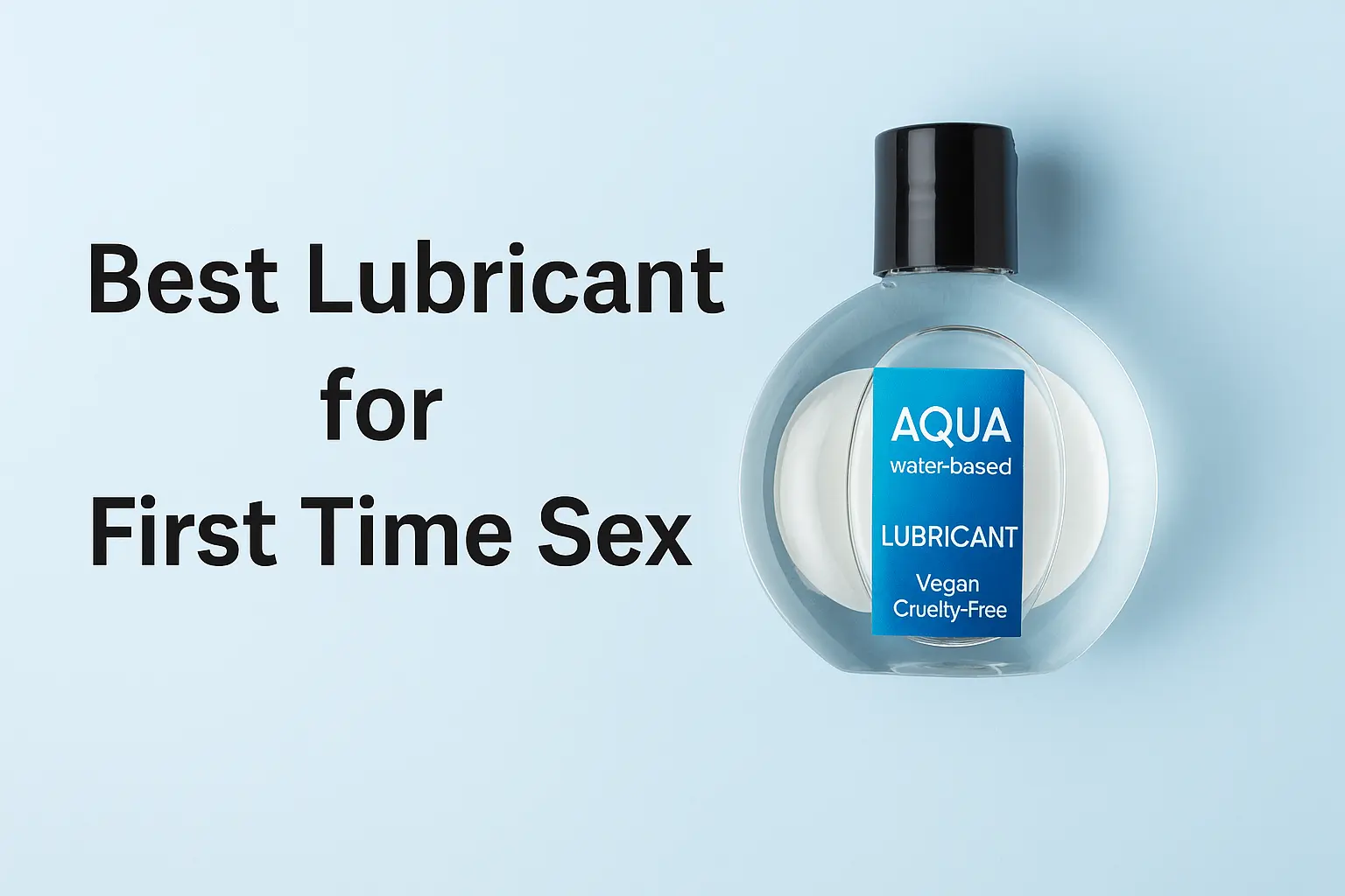 Clear bottle of water-based lubricant labeled Aqua with text ‘Best Lubricant for First Time Sex’ on a soft blue background