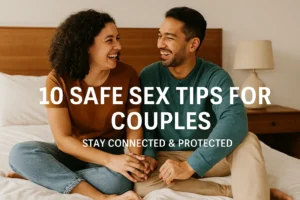 A smiling couple sitting on a bed holding hands and laughing, representing trust and connection while discussing safe sex tips for couples.