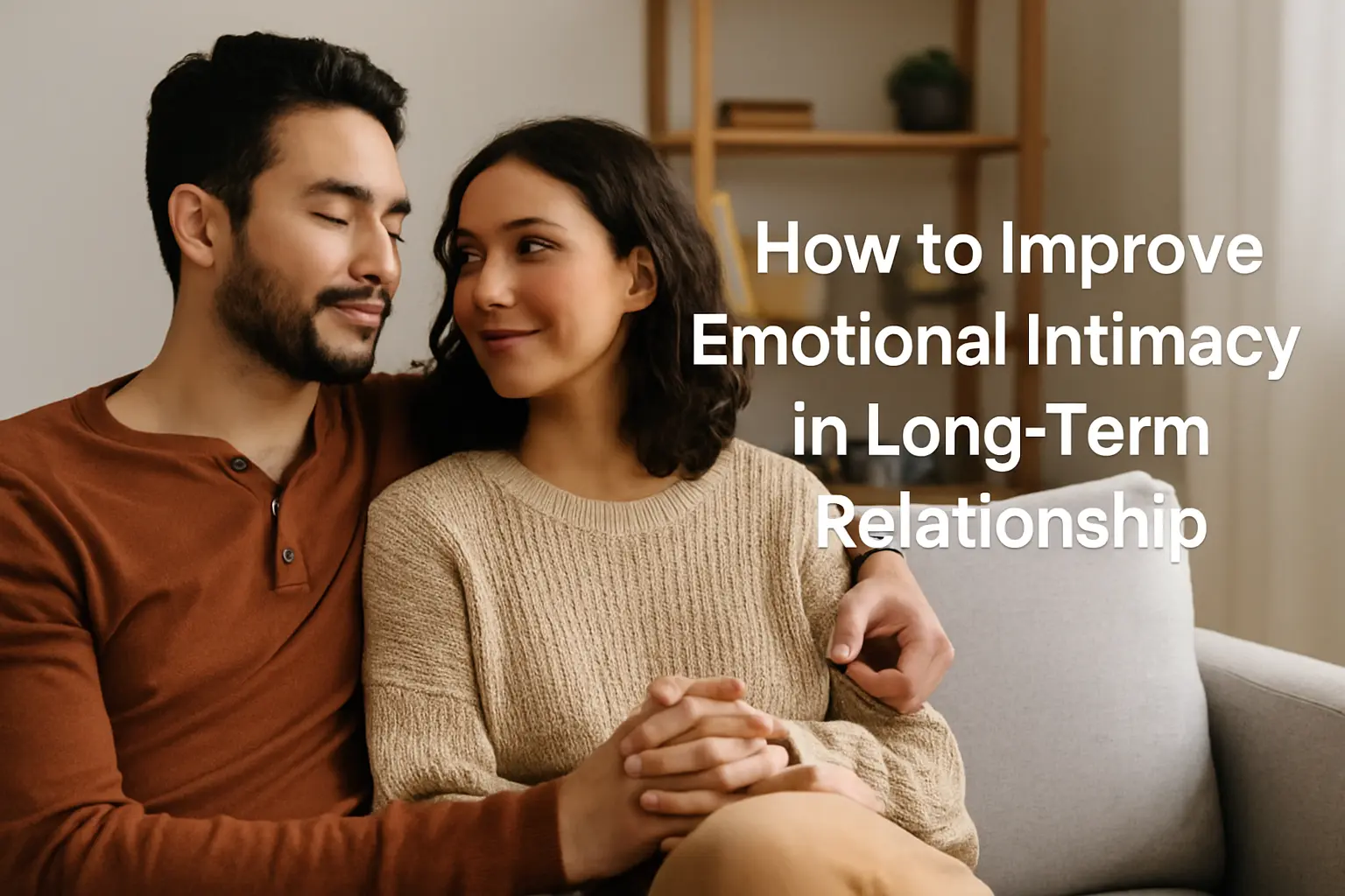A loving couple sitting close on a sofa, smiling at each other, representing how to improve emotional intimacy in long-term relationship through presence and connection.