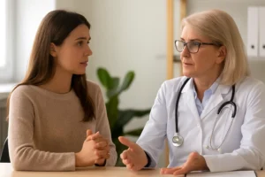 Talk to doctor about low sexual desire guidance — A woman discussing low sexual desire with her doctor in a calm medical office