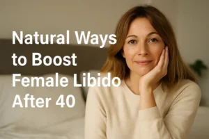 Middle-aged woman smiling softly in a cozy bedroom setting, representing natural ways to boost female libido after 40