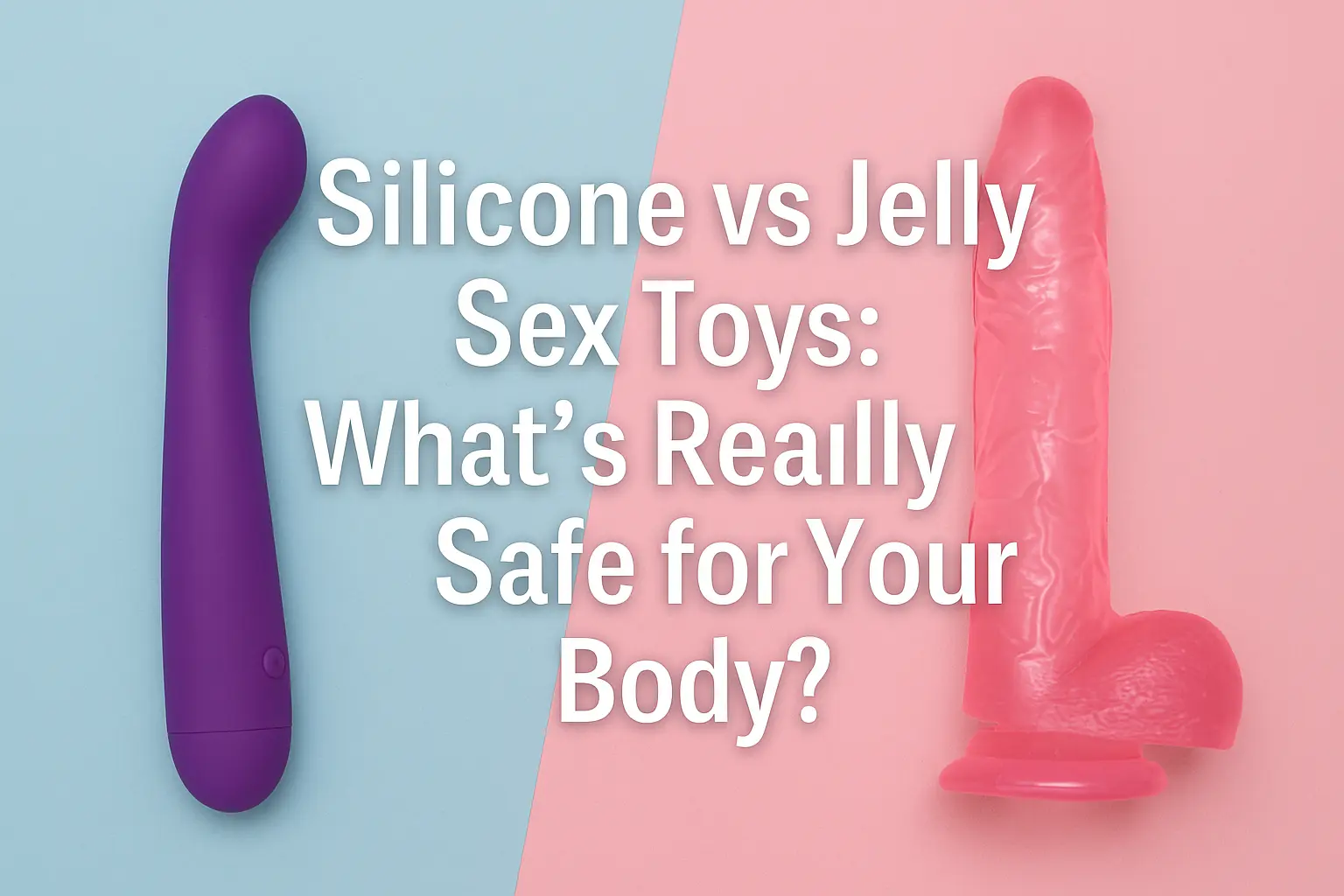 Comparison image of silicone vs jelly sex toys with text asking what’s really safe for your body, showing a purple silicone vibrator and a pink jelly dildo side by side.
