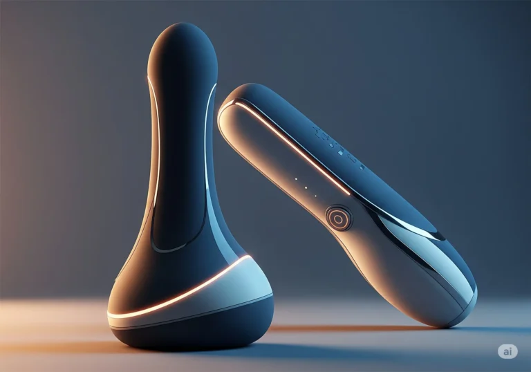 Two sleek, modern best male masturbators with glowing accents, representing advanced design and technology for personal pleasure and sexual wellness. The image is abstract and sophisticated, conveying quality and comfort.