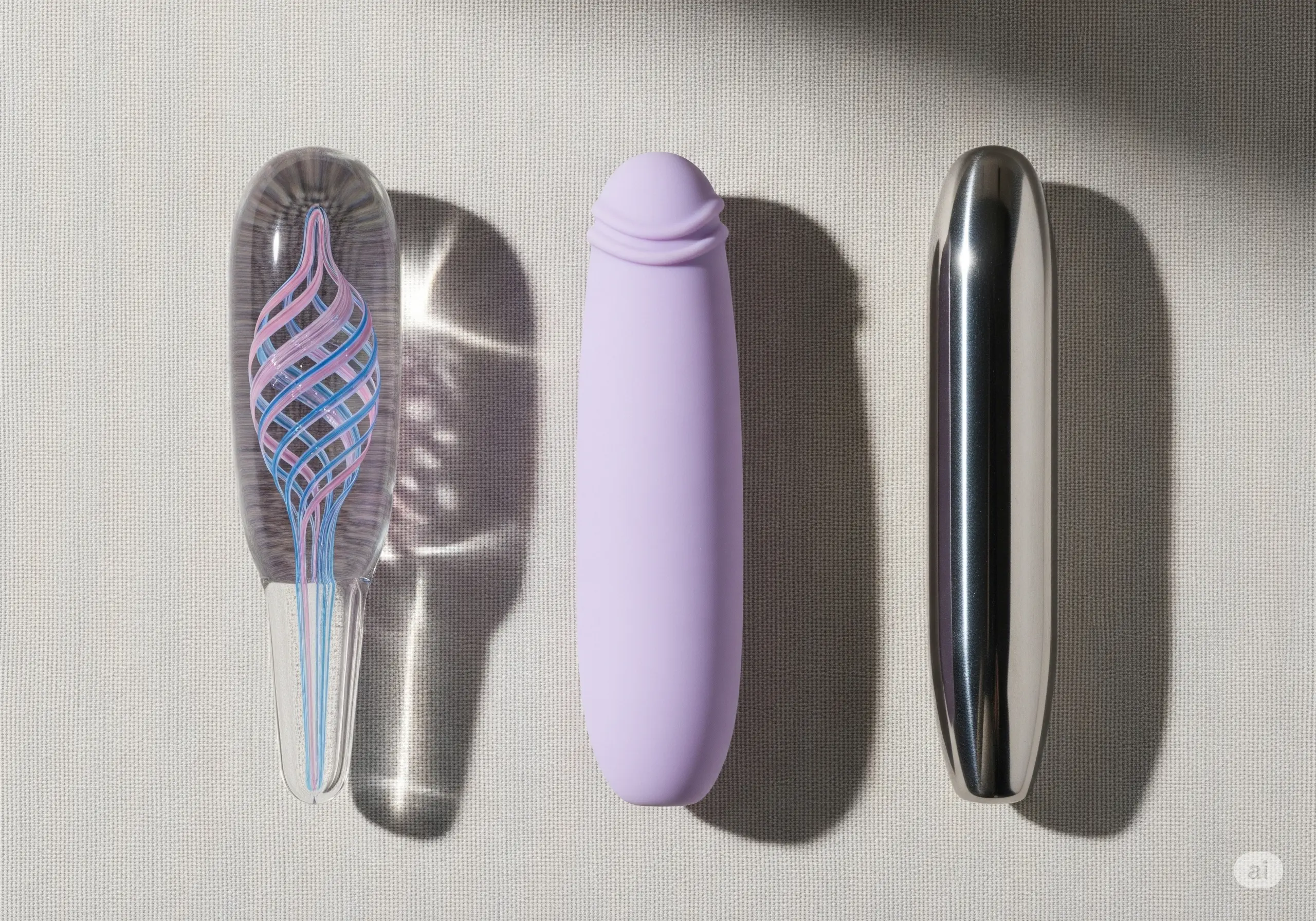 A flat lay of three affordable body-safe dildos on a linen background, showcasing different materials: a glass dildo with a pink and blue swirl, a matte purple silicone dildo, and a polished stainless steel dildo.