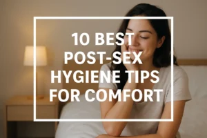 Calm woman in a cozy bedroom after intimacy, feature image for post-sex hygiene tips for comfort, conveying freshness and gentle aftercare