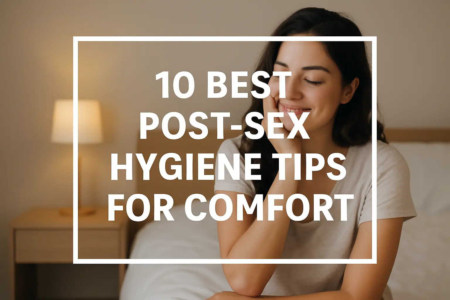 Calm woman in a cozy bedroom after intimacy, feature image for post-sex hygiene tips for comfort, conveying freshness and gentle aftercare