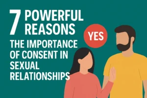 Illustration emphasizing the importance of consent in sexual relationships with diverse couples and respectful communication icons on a teal background