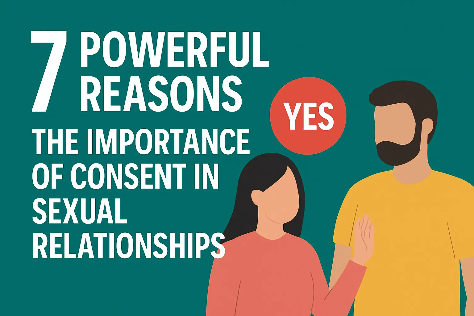 Illustration emphasizing the importance of consent in sexual relationships with diverse couples and respectful communication icons on a teal background