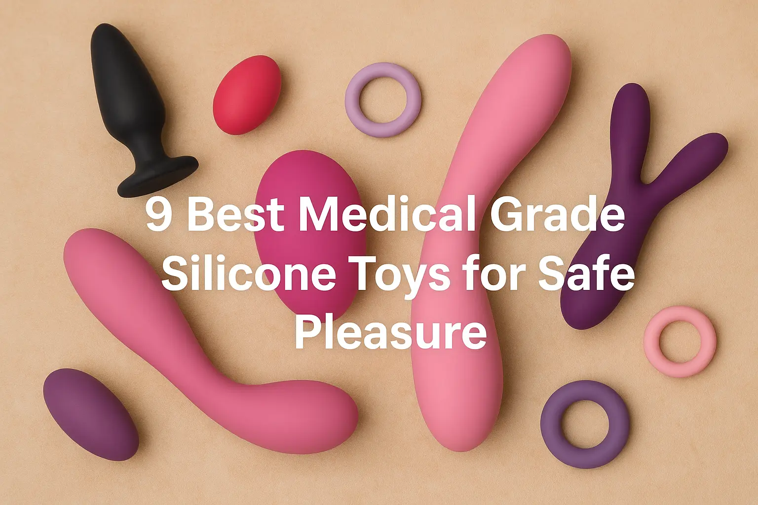 Colorful collection of medical grade silicone sex toys including vibrators, rings, and plugs arranged on a soft background with title overlay.