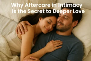 A couple cuddling in bed after intimacy, showing love, care, and closeness as part of aftercare in intimacy.