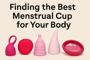 A stylish flat lay of LELO menstrual cups in soft pink and purple tones, showcasing the best menstrual cup options for comfort, leak protection, and eco-friendly period care.