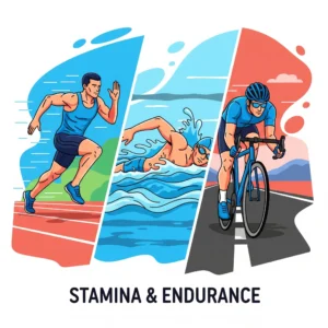 A vibrant, graphical illustration showing a man engaged in various cardio exercises, including running, swimming, and cycling, to improve stamina and endurance. The image is divided into three distinct sections, with a central figure in motion for each activity.