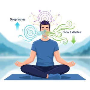 A graphical illustration of a man sitting in a meditative pose, practicing deep breathing. Blue waves emanate from his nose on the left, labeled "Deep Inhales," and green wavy lines on the right, labeled "Slow Exhales," indicating controlled breathing. Abstract lines and circles around his head suggest mind control and focus, all against a serene, blurred natural background.