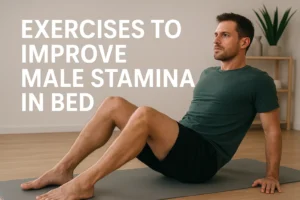 A fit man practicing exercises to improve male stamina in bed, performing Kegel training on a yoga mat to boost endurance, stamina, and sexual performance.