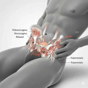 A graphical medical illustration of a man's lower torso, showing the internal pelvic floor muscles in both relaxed and contracted states to demonstrate how to perform Kegel exercises for improved stamina.