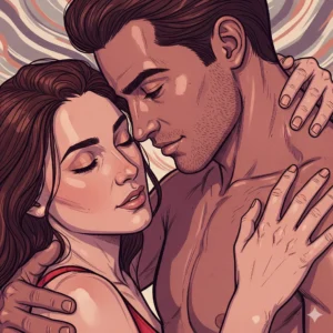 A close-up graphical illustration of a couple embracing intimately, with their eyes closed, representing partner-based stamina practice and enhanced connection. The image conveys closeness and shared experience.