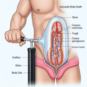 A detailed medical illustration showing a man using a penis pump. The image is a cross-section that highlights the internal anatomy and blood flow within the penis as it is drawn into the vacuum cylinder, illustrating how the device works to improve erection quality.