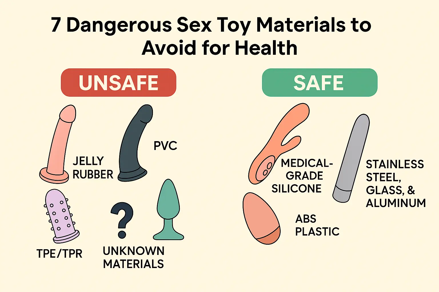 Illustration showing unsafe sex toy materials with warning symbols and healthy alternatives, highlighting sex toy materials to avoid for health