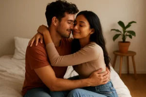 Loving couple embracing on bed showing signs of a healthy sexual relationship with intimacy, trust, and emotional connection.