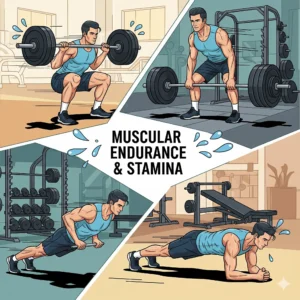 A multi-panel graphical illustration depicting a man performing various strength training exercises: squats, deadlifts, push-ups, and planks. The image highlights muscular endurance and stamina, with visual cues of effort and sweat.