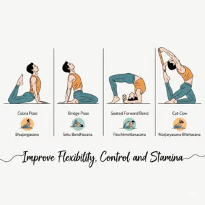 A graphical illustration showcasing four different yoga poses: Cobra Pose (Bhujangasana), Bridge Pose (Setu Bandhasana), Seated Forward Bend (Paschimottanasana), and Cat-Cow (Marjaryasana-Bitohasana). Each pose is demonstrated by a man, with the text "Improve Flexibility, Control and Stamina" at the bottom, highlighting the benefits for male sexual health.