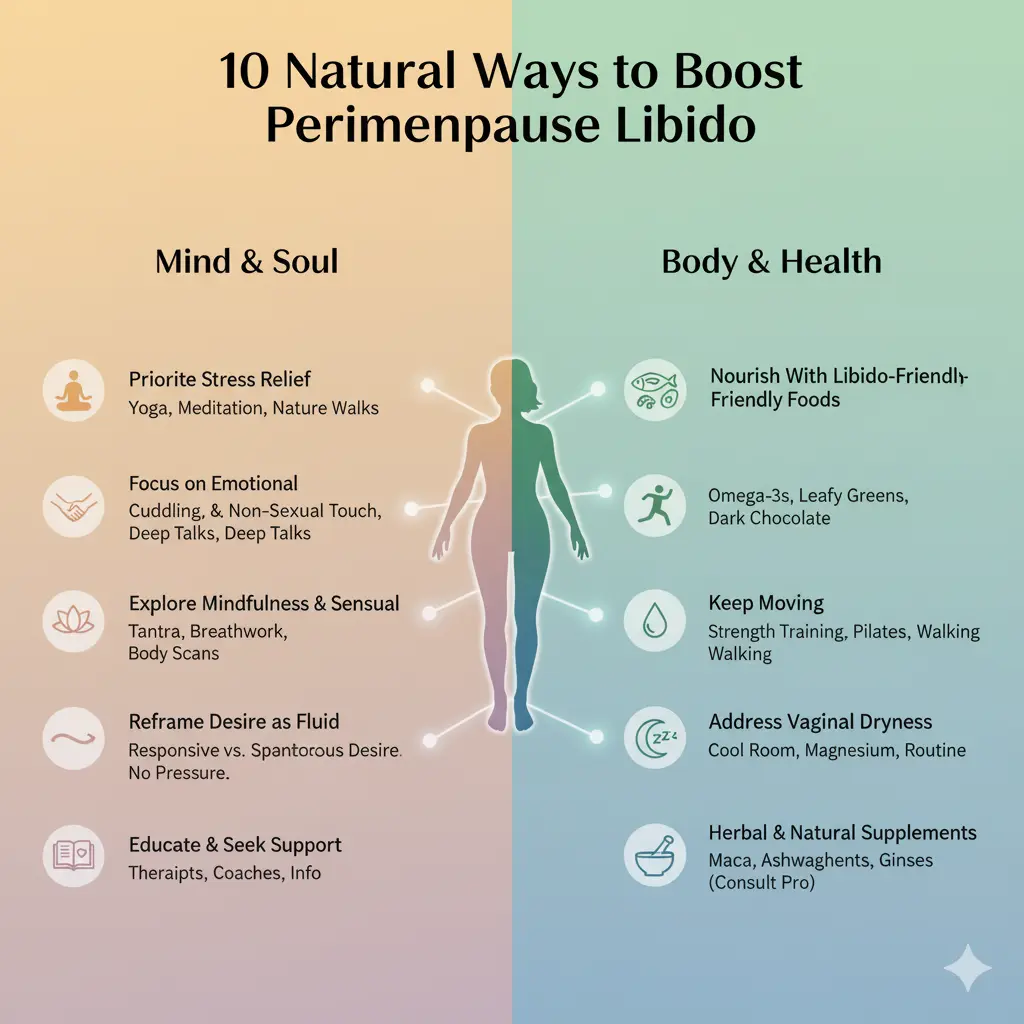 An infographic titled '10 Natural Ways to Boost Perimenopause Libido.' The graphic is split into two columns, 'Mind & Soul' on the left and 'Body & Health' on the right, with a stylized female figure in the center. The 'Mind & Soul' column includes icons and text for: Prioritize Stress Relief (yoga pose), Focus on Emotional Connection (two figures holding hands), Explore Mindfulness & Sensual Practices (lotus flower), Reframe Desire as Fluid, Not Linear (wavy arrow), and Educate Yourself and Seek Support (open book). The 'Body & Health' column includes icons and text for: Nourish Your Body With Libido-Friendly Foods (fish and avocado), Keep Moving (figure exercising), Address Vaginal Dryness Naturally (water drop), Sleep Like It’s Your Job (sleeping crescent moon with Zzz), and Don’t Dismiss Herbal and Natural Supplements (mortar and pestle). Each point has a brief description or examples.
