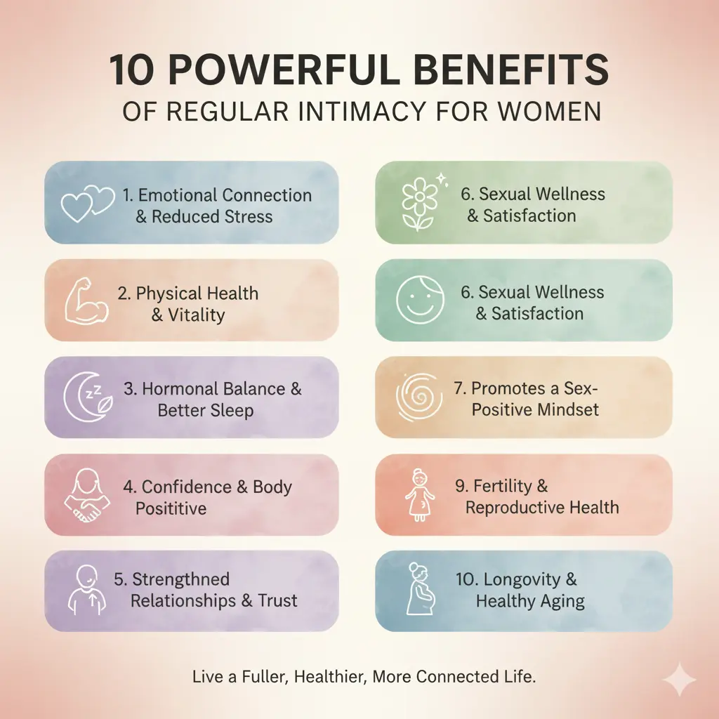 An infographic titled "10 Powerful Benefits of Regular Intimacy for Women" featuring a list of ten key benefits, including boosting emotional connection, improving physical health, supporting hormonal balance, building confidence, strengthening relationships, enhancing sexual wellness, promoting a sex-positive mindset, providing natural pain relief, boosting fertility, and encouraging longevity. The infographic uses icons and a clear layout to present the information.