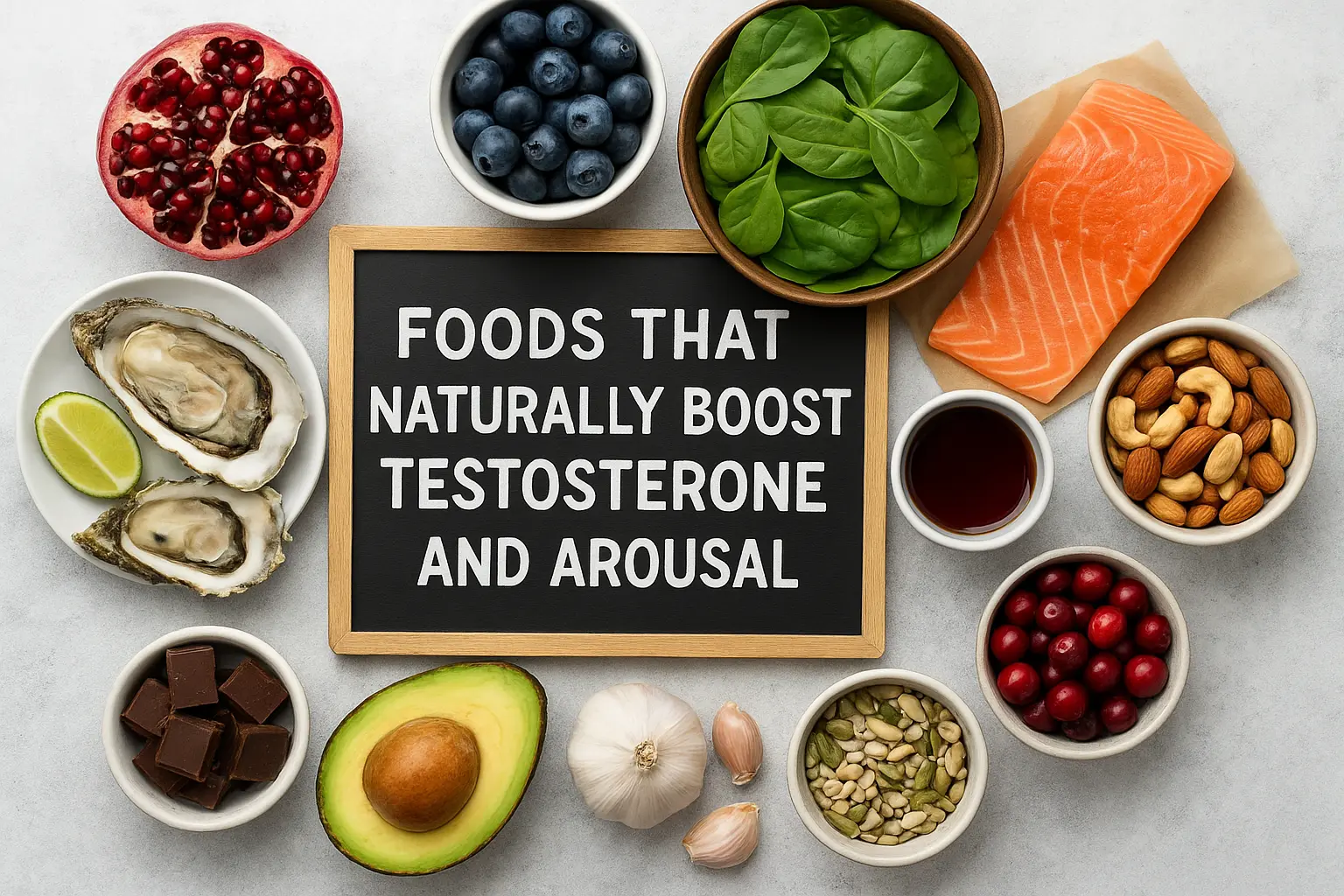 A healthy spread of foods that naturally boost testosterone and arousal, including oysters, pomegranate, salmon, spinach, dark chocolate, avocado, nuts, and seeds arranged around a chalkboard sign.