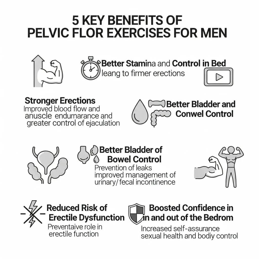 An infographic illustrating the five key benefits of pelvic floor exercises for men. Each benefit is represented by an icon: a flexing bicep for stronger erections, a stopwatch for better stamina and control, a bladder and bowel for improved control, a crossed-out lightning bolt for reduced risk of erectile dysfunction, and a person with a confident posture for boosted confidence.