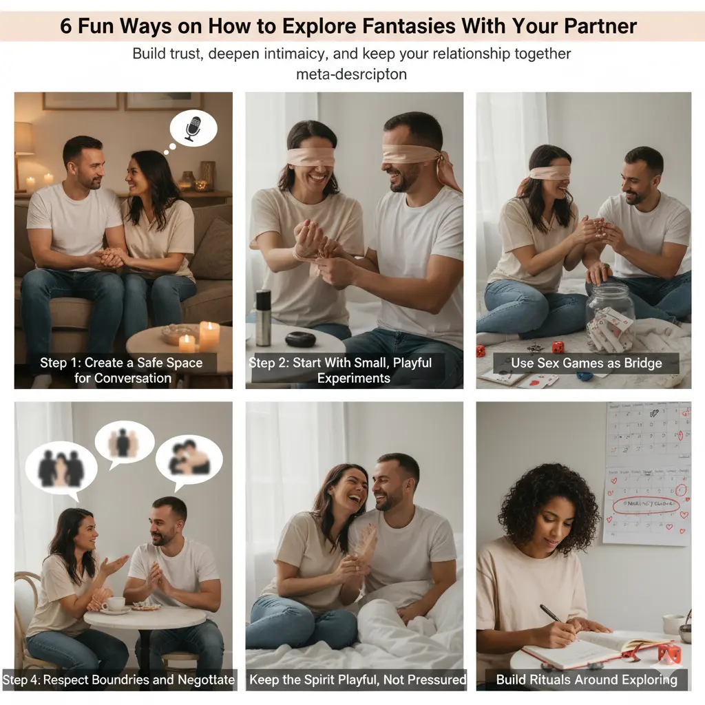 A six-panel image collage illustrating steps for exploring fantasies with a partner.

Panel 1: A couple sits on a couch, smiling and talking, with a thought bubble showing a microphone icon, labeled "Step 1: Create a Safe Space for Conversation."

Panel 2: A couple, both blindfolded, with the woman's hands lightly tied, labeled "Step 2: Start With Small, Playful Experiments."

Panel 3: A couple on the floor with a jar, dice, and cards, labeled "Use Sex Games as a Bridge."

Panel 4: A couple sitting at a table, talking with speech bubbles above their heads that show people, labeled "Step 4: Respect Boundaries and Negotiate."

Panel 5: A couple laughing while lying on a bed, labeled "Keep the Spirit Playful, Not Pressured."

Panel 6: A woman writing on a calendar with a pen and dice on the table, labeled "Step 6: Build Rituals Around Exploring."