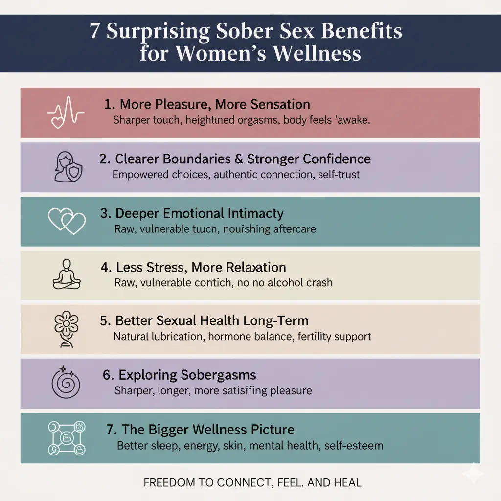 An infographic titled "7 Surprising Sober Sex Benefits for Women's Wellness" is shown. The infographic is organized into 7 rows, with each row representing one of the following benefits: 1. More Pleasure, More Sensation; 2. Clearer Boundaries and Stronger Confidence; 3. Deeper Emotional Intimacy; 4. Less Stress, More Relaxation; 5. Better Sexual Health Long-Term; 6. Exploring Sobergasms; 7. The Bigger Wellness Picture.