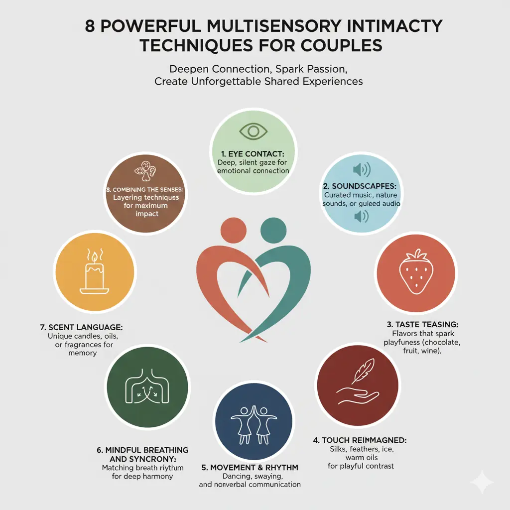 8 Powerful Multisensory Intimacy Techniques for Couples" at the top and the subtitle "Deepen Connection, Spark Passion, Create Unforgettable Shared Experiences" at the bottom. The central image is two figures with a heart symbol, surrounded by eight circles representing different techniques. The circles are labeled as: Eye Contact: Seeing and Being Seen Soundscapes for Lovers: Building Atmosphere Through Hearing The Language of Scent: Memory Meets Desire Taste Teasing: Flavors That Spark Playfulness Touch Reimagined: Beyond the Usual Movement and Rhythm: Dancing as Foreplay Mindful Breathing and Synchrony Combining the Senses for Maximum Impact