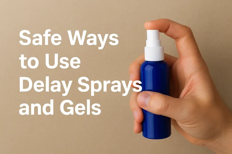 Illustration showing safe ways to use delay sprays and gels for men to last longer and enjoy more control during intimacy.