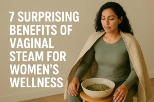 A calming wellness scene with herbs and steam setup symbolizing the benefits of vaginal steam for women’s wellness and self-care rituals.